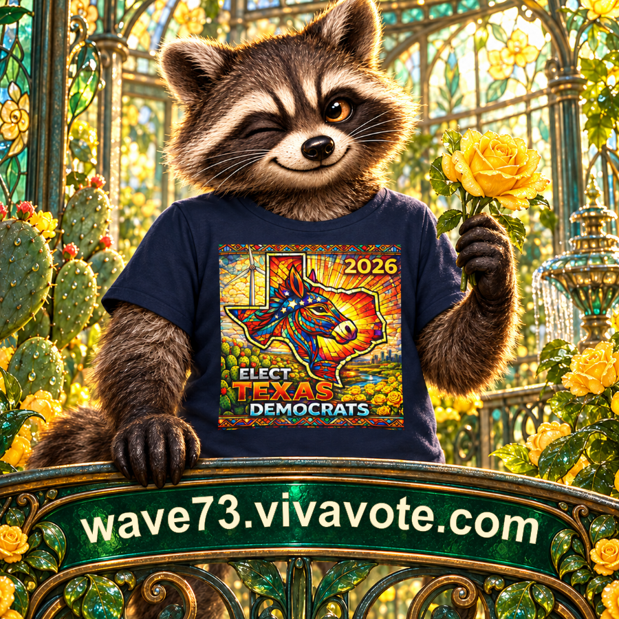 A mischievous brown and gray raccoon wears a navy short-sleeved crew-neck T-shirt in a luminous art-glass conservatory filled with yellow roses, nopal cactus and curved green-and-gold ironwork. One furry paw holds a yellow rose; the other rests on the ornate balustrade. The flat rectangular chest print depicts a rainbow donkey within Texas, wind turbine, cactus, roses, river/city and golden rays, and reads 2026 and ELECT TEXAS DEMOCRATS. A broad curved emerald-glass inlay below the shirt reads wave73.vivavote.com.